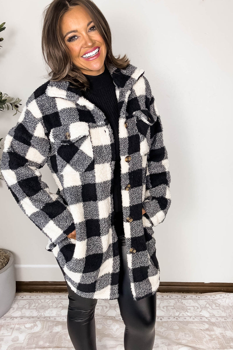 Black And Ivory Fleece Sherpa Shacket