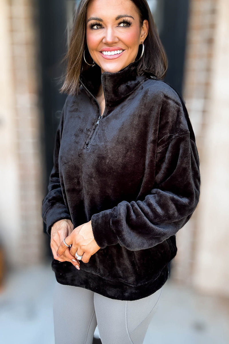 Black Faux Fur Half Zip Pocket Pullover