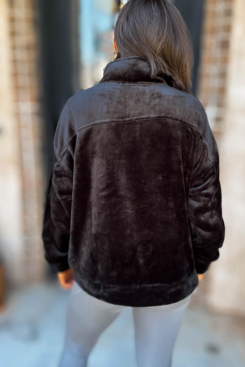Black Faux Fur Half Zip Pocket Pullover