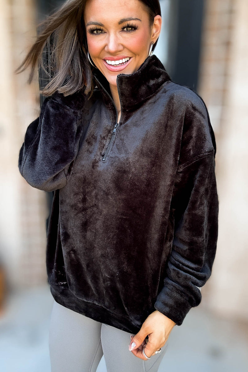 Black Faux Fur Half Zip Pocket Pullover