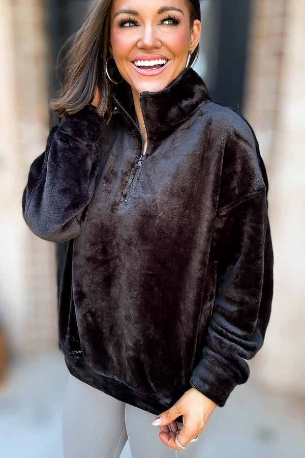 Black Faux Fur Half Zip Pocket Pullover