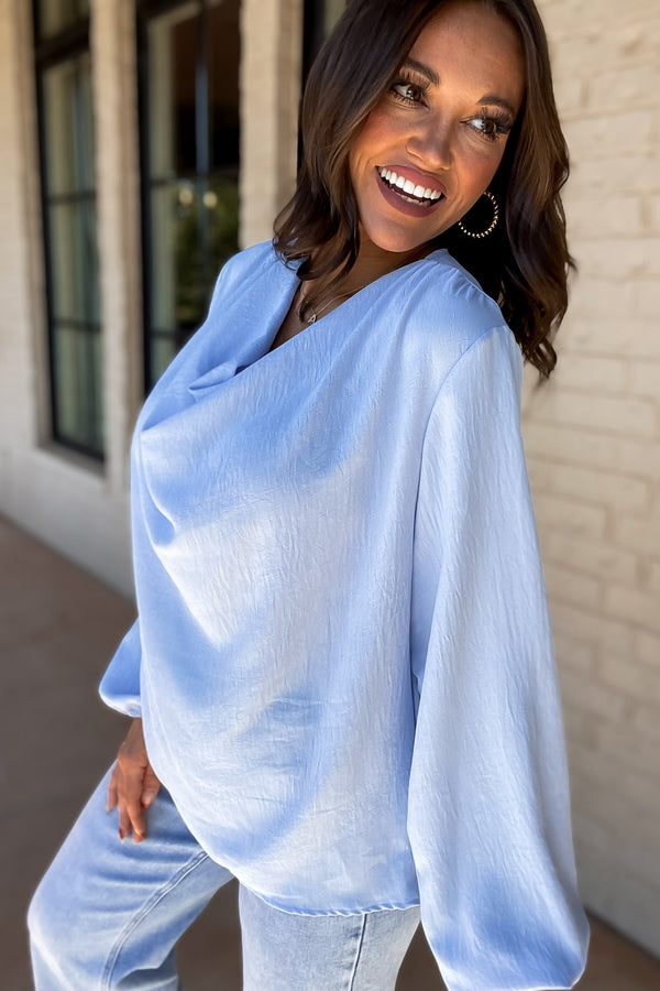 Serenade Light Blue Solid Cowl Neck Long Sleeve Elastic Top