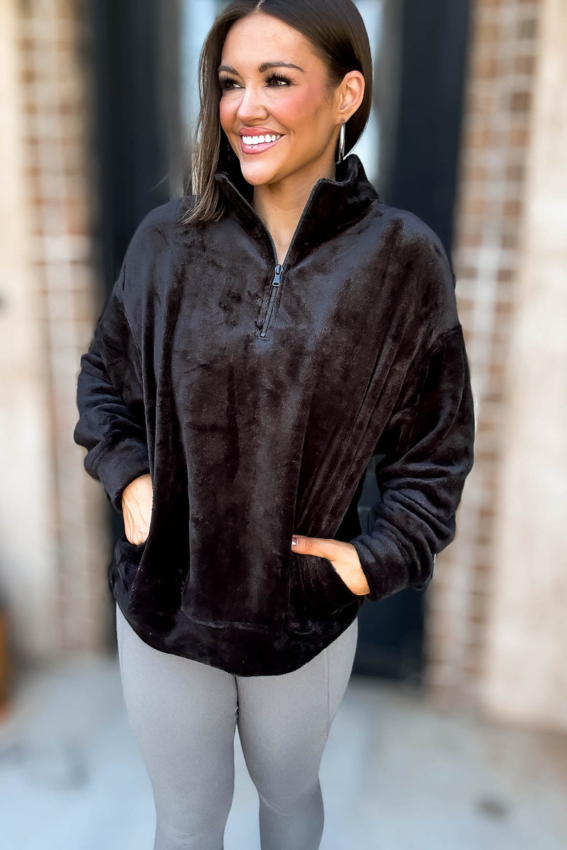 Black Faux Fur Half Zip Pocket Pullover
