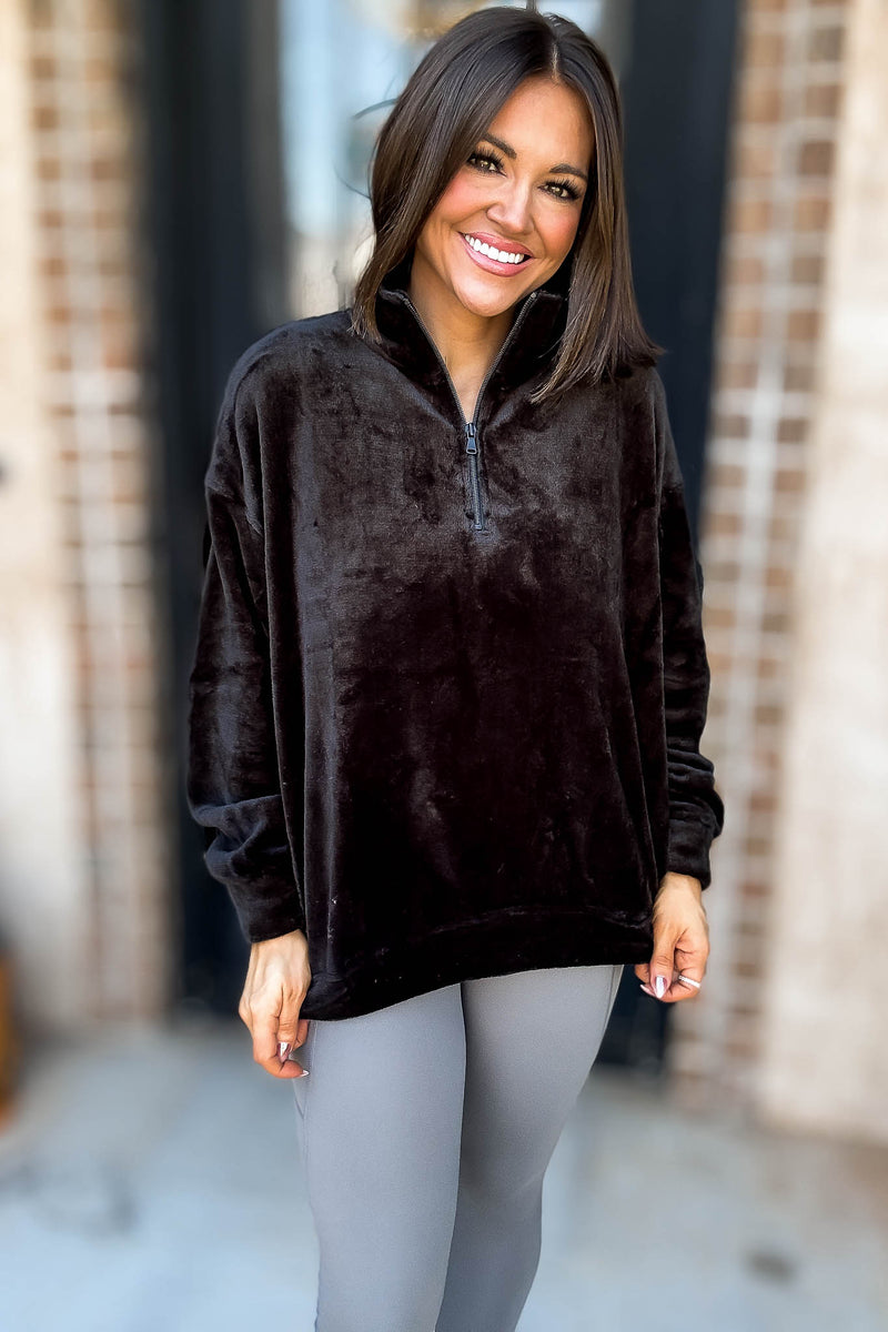Black Faux Fur Half Zip Pocket Pullover