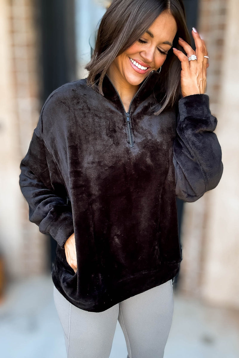 Black Faux Fur Half Zip Pocket Pullover