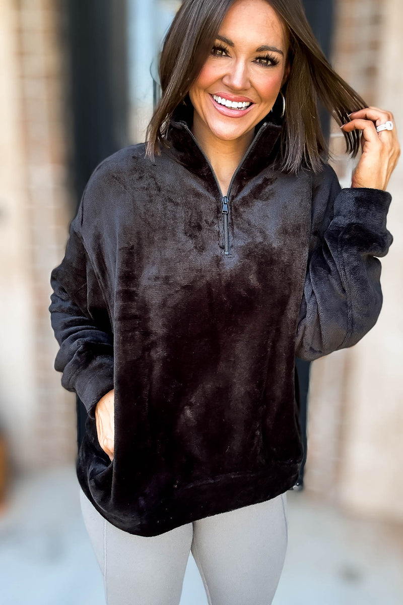 Black Faux Fur Half Zip Pocket Pullover