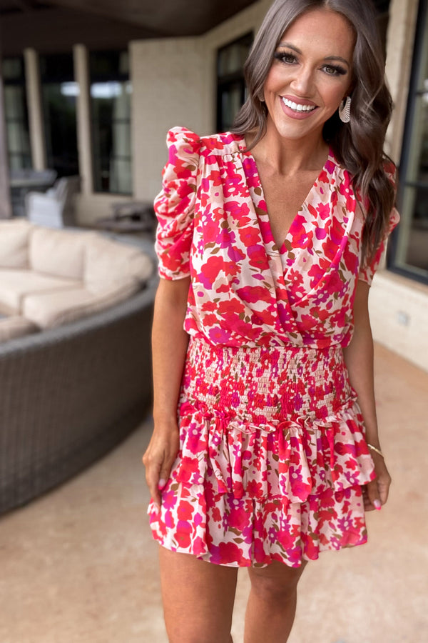 Extra Extra Red Floral Puff Sleeve Wrap Mini Dress