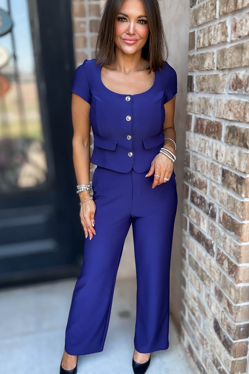 Scuba Navy Short Sleeve Button-up Blazer Top