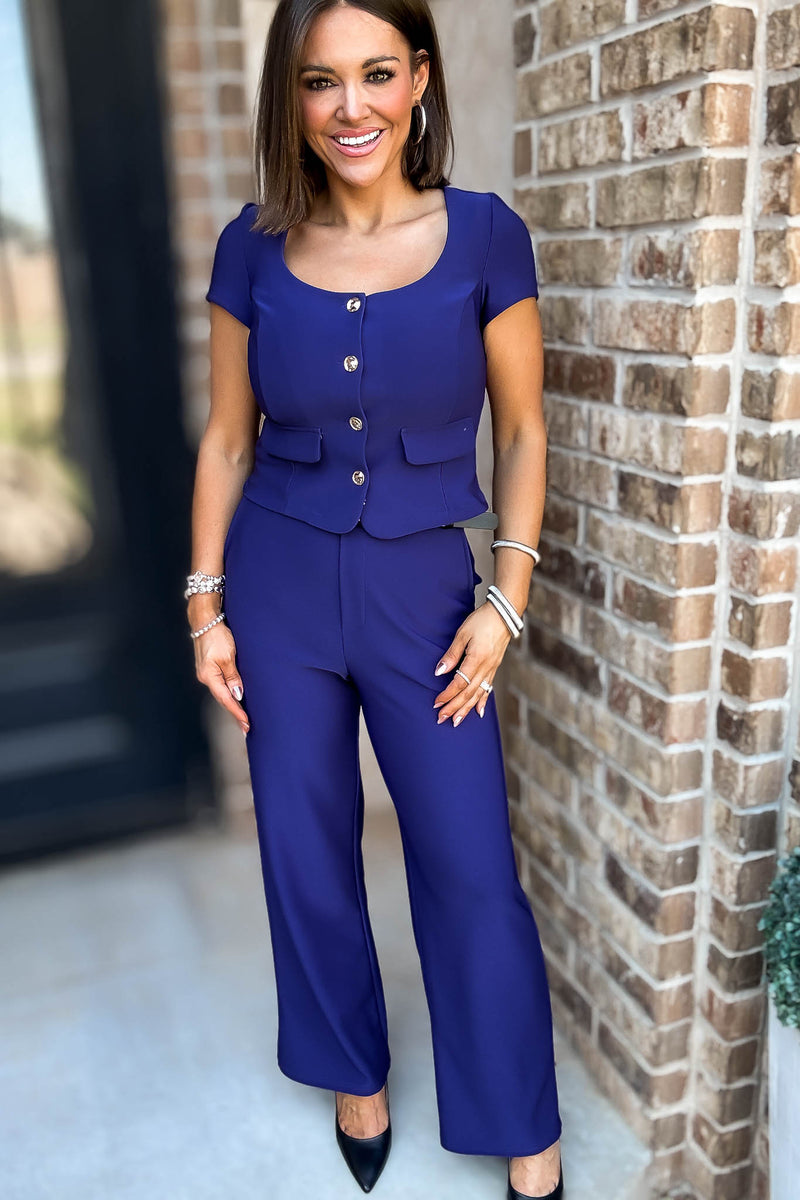Scuba Navy Short Sleeve Button-up Blazer Top