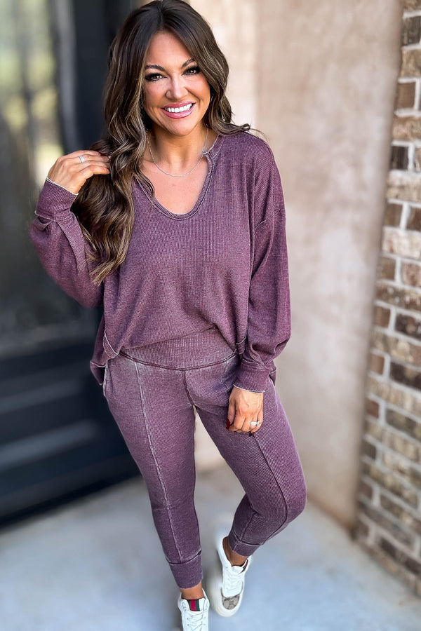 Cotton Blend Plum Waffle Knit Jogger