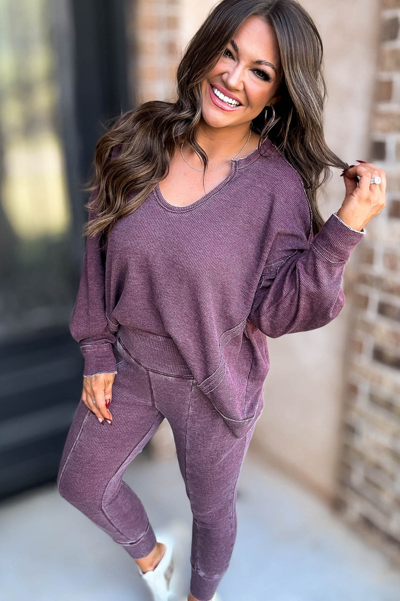 Cotton Blend Plum Waffle Knit Jogger