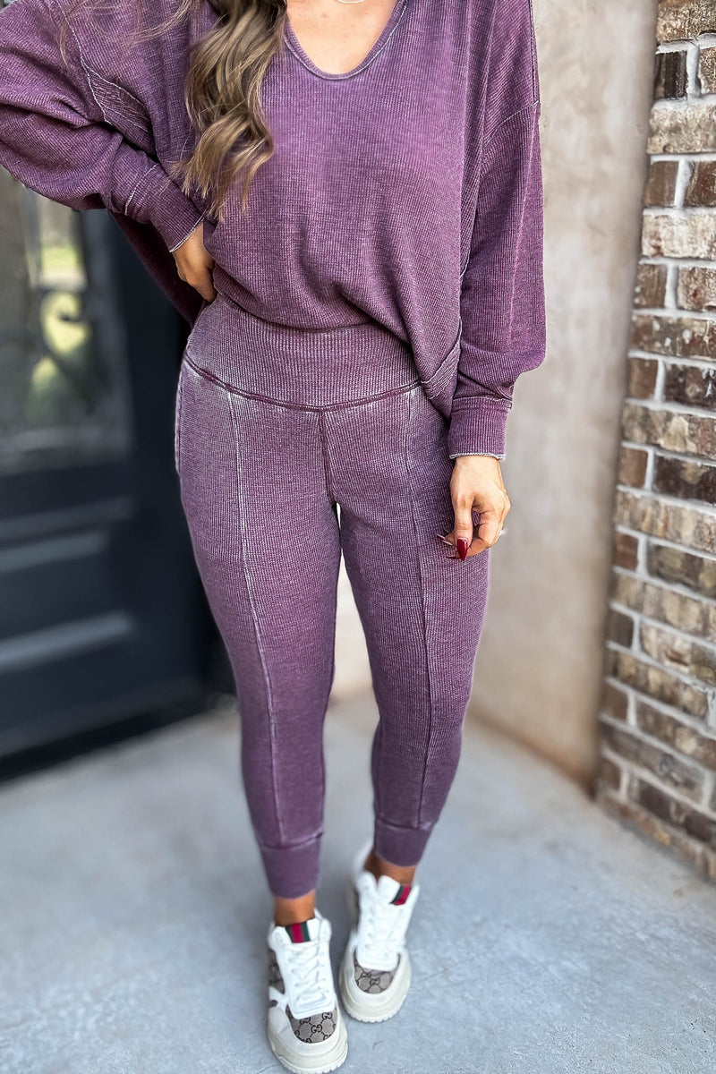 Cotton Blend Plum Waffle Knit Jogger