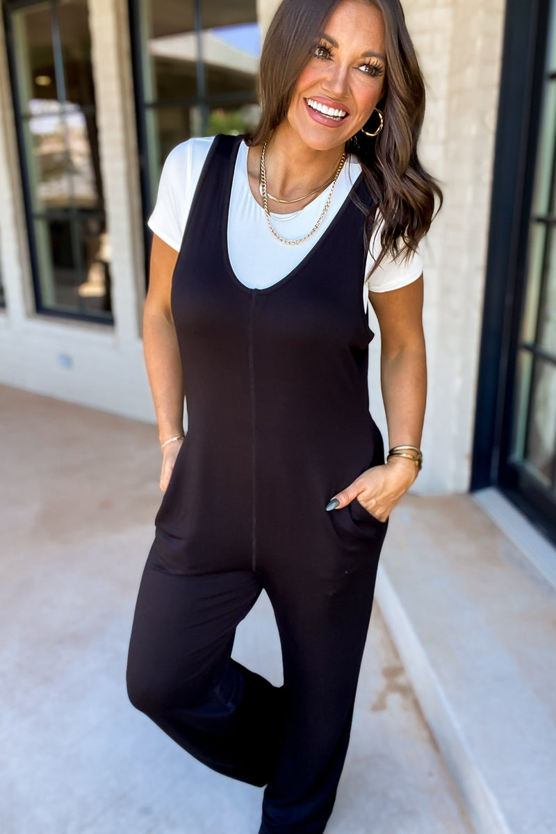 Here Forever Black Wide Leg French Terry Lounge Jumpsuit