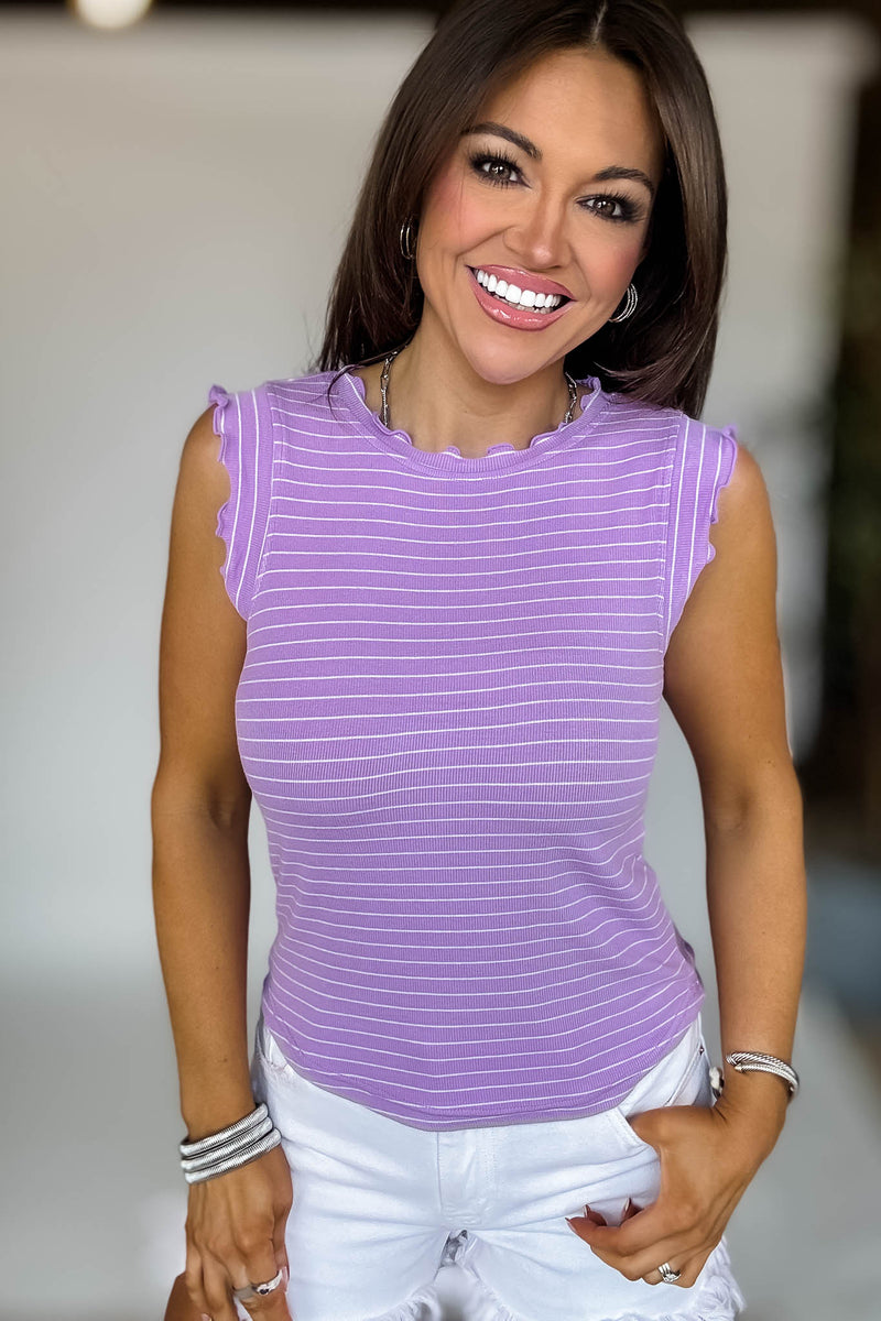 Ribbed Lavender And White Ruffle Trim Sleeveless Stripe Top
