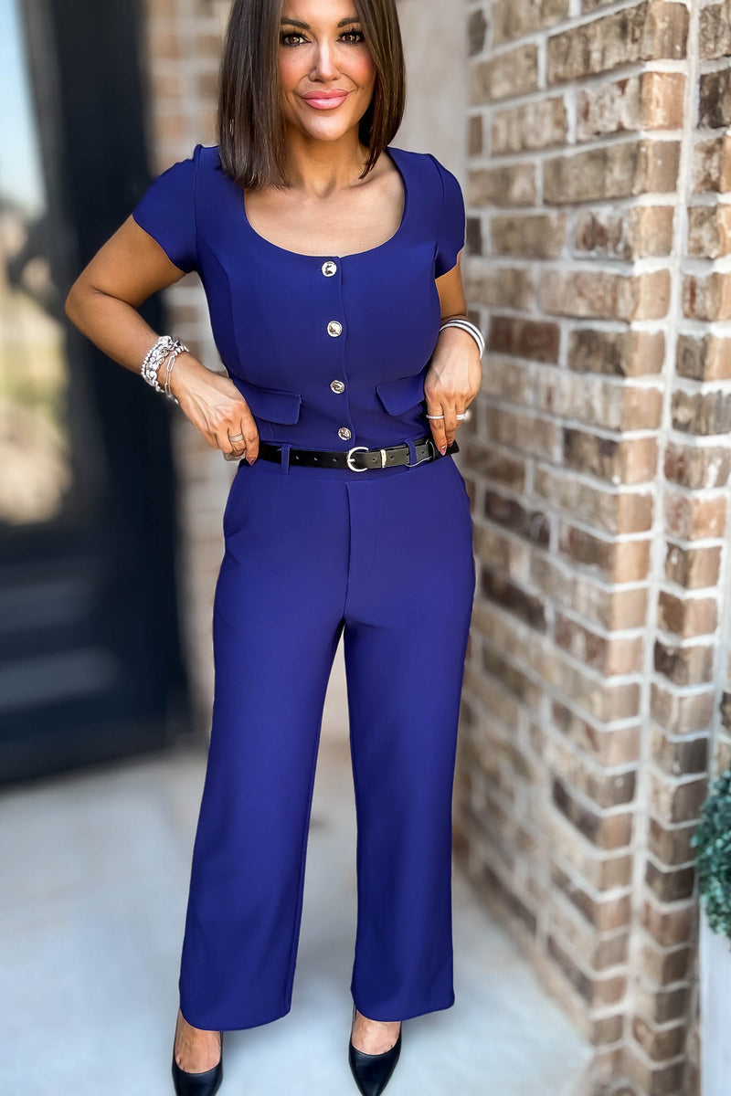Crown Navy High Rise Wide Leg Scuba Knit Belted Pants