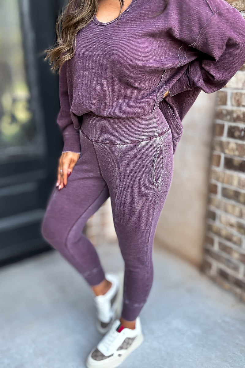Cotton Blend Plum Waffle Knit Jogger