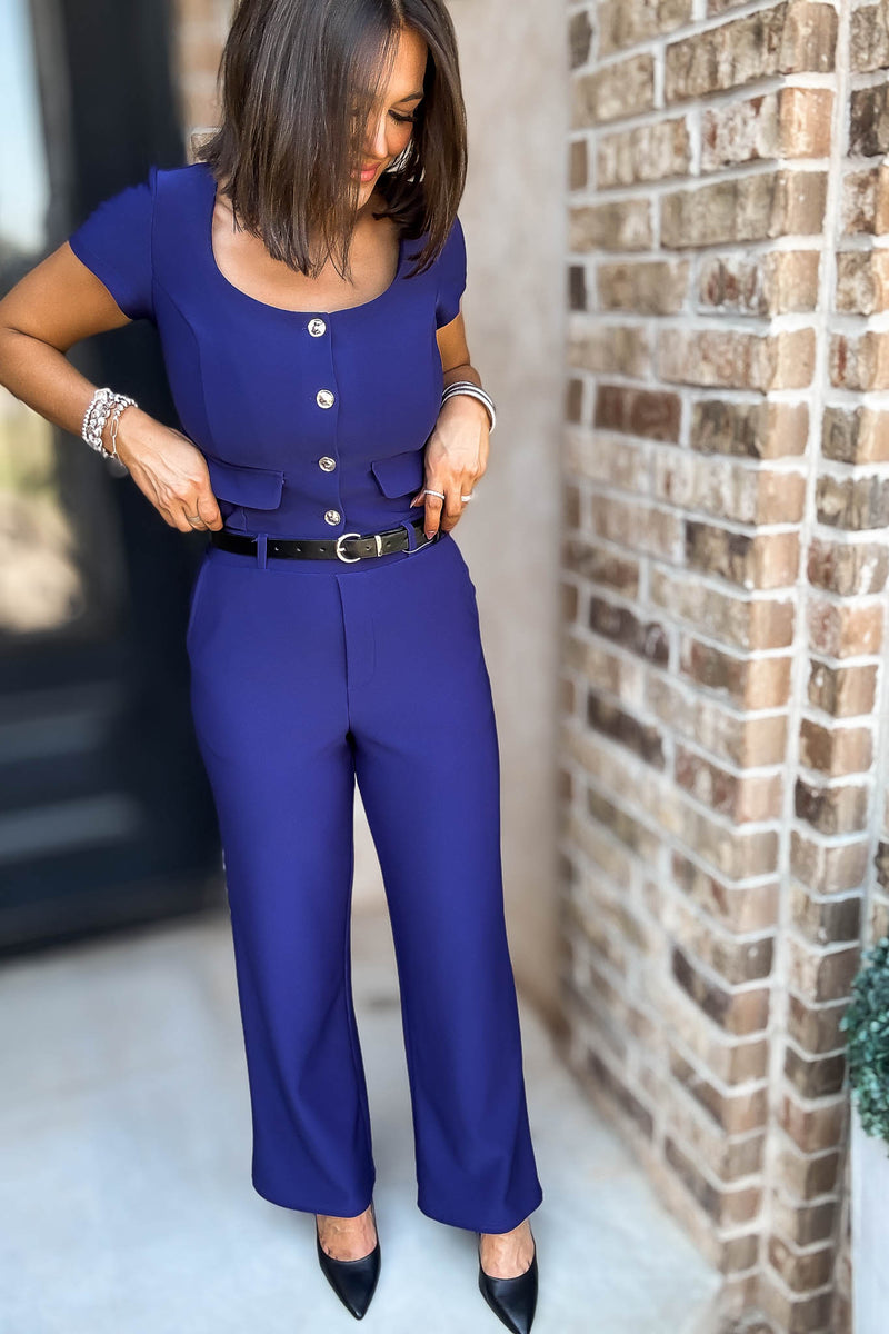 Crown Navy High Rise Wide Leg Scuba Knit Belted Pants