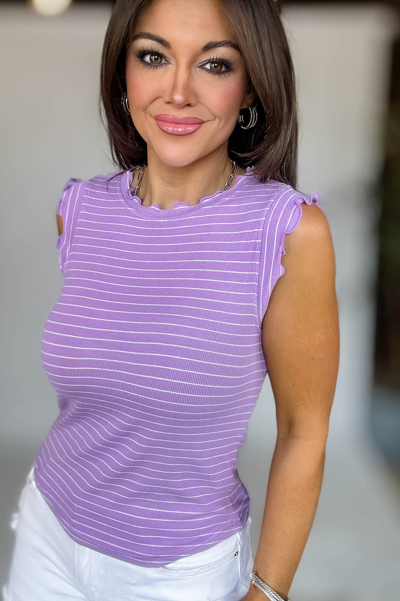 Ribbed Lavender And White Ruffle Trim Sleeveless Stripe Top