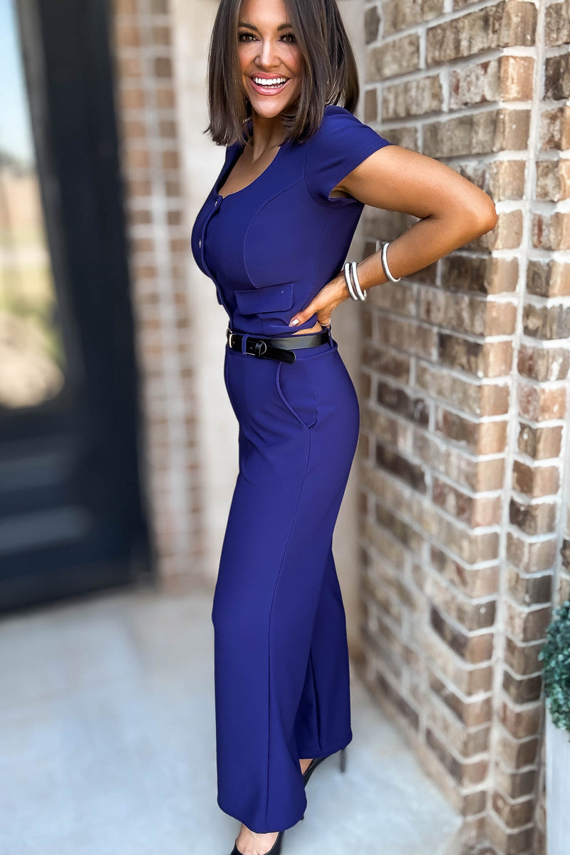 Crown Navy High Rise Wide Leg Scuba Knit Belted Pants