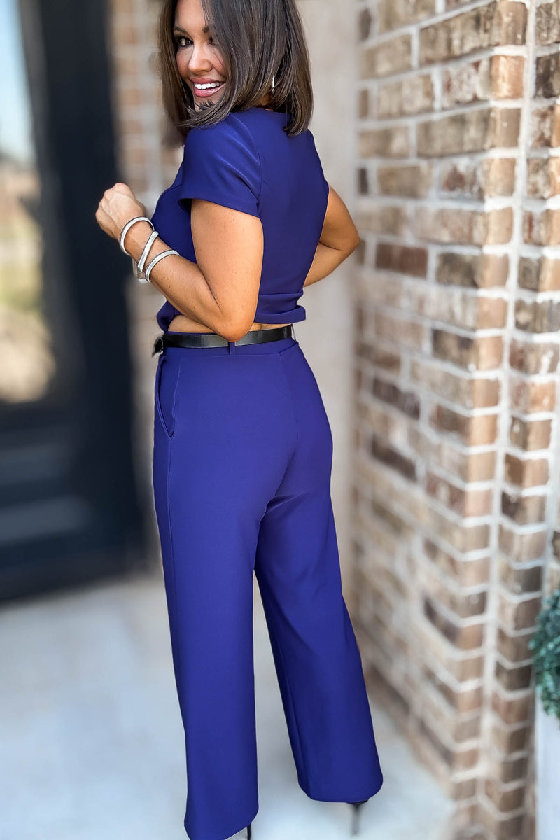 Crown Navy High Rise Wide Leg Scuba Knit Belted Pants
