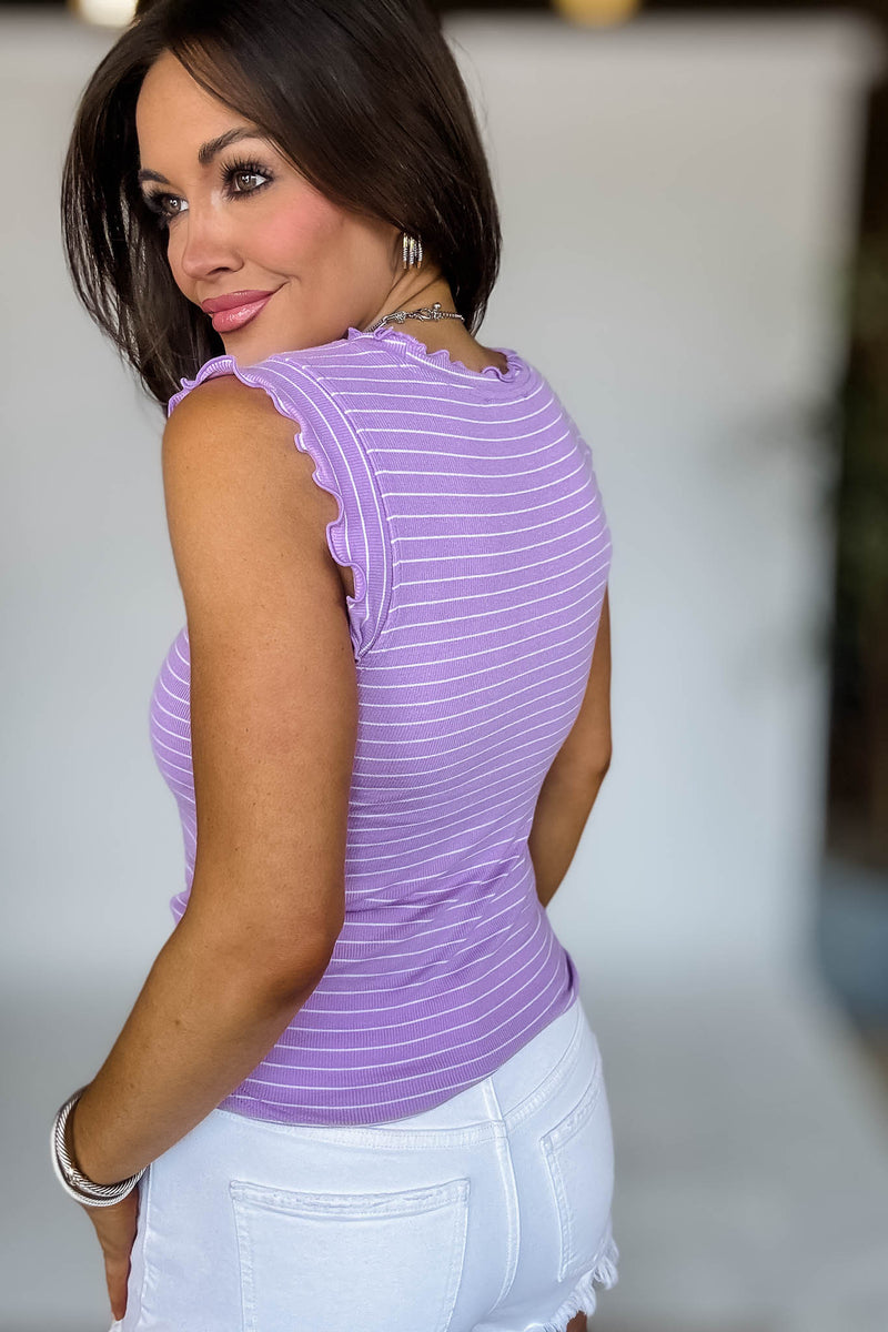 Ribbed Lavender And White Ruffle Trim Sleeveless Stripe Top