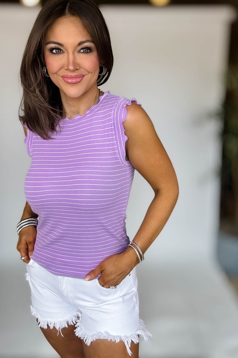 Ribbed Lavender And White Ruffle Trim Sleeveless Stripe Top