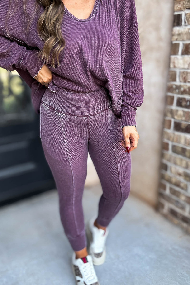 Cotton Blend Plum Waffle Knit Jogger
