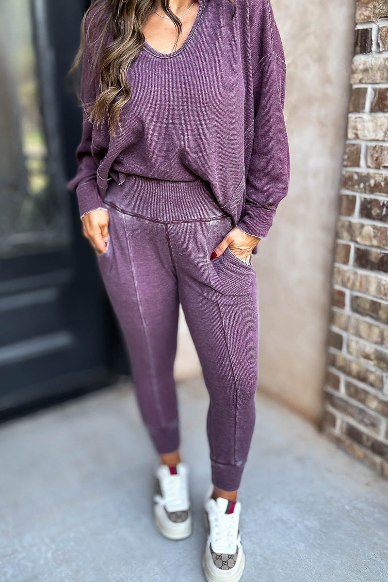 Cotton Blend Plum Waffle Knit Jogger
