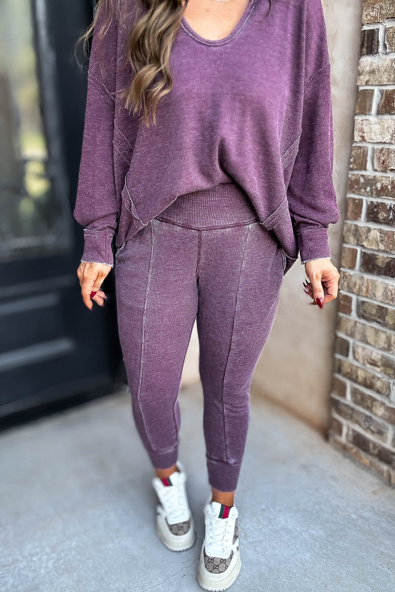 Cotton Blend Plum Waffle Knit Jogger