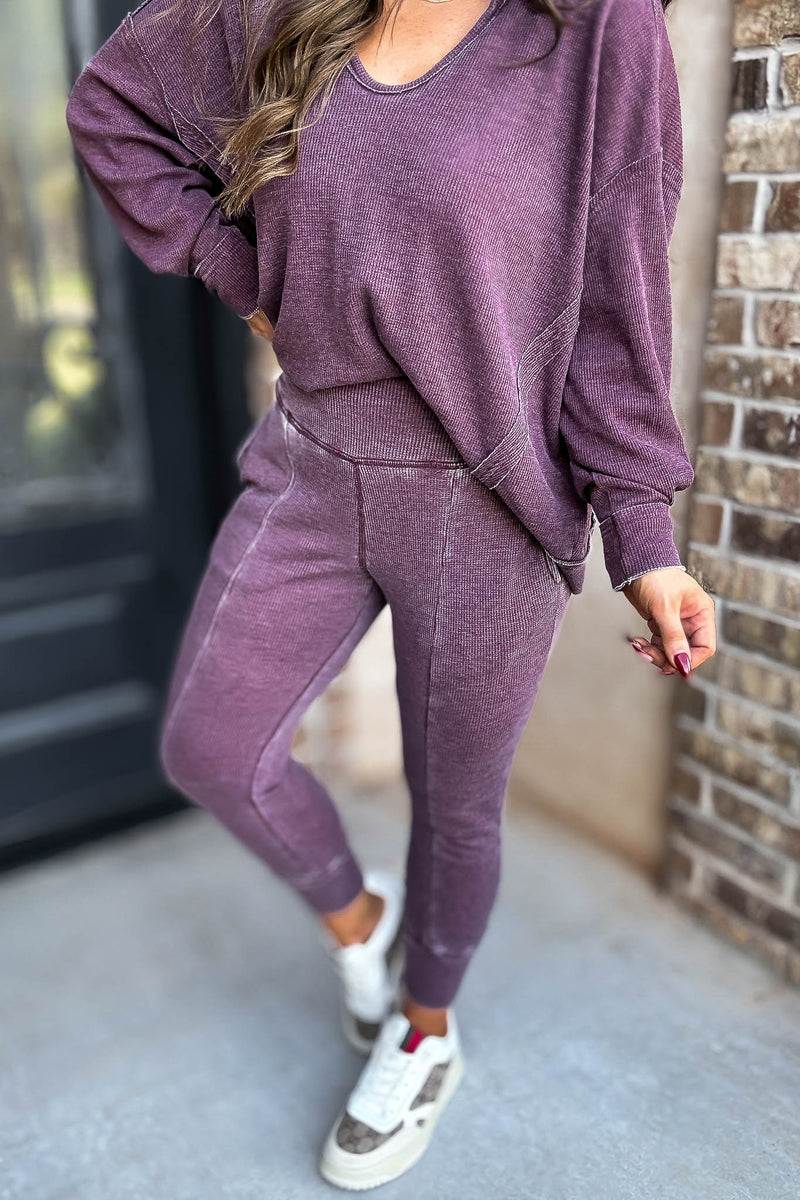 Cotton Blend Plum Waffle Knit Jogger