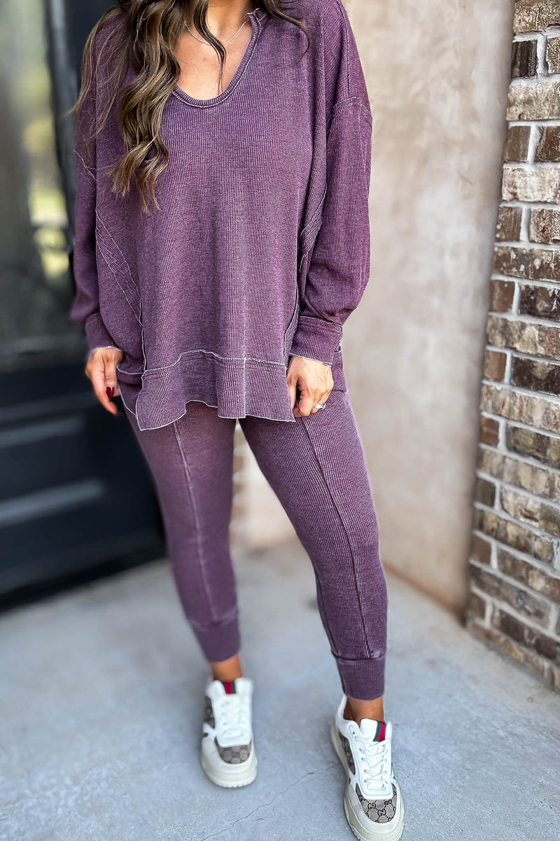 Cotton Blend Plum Waffle Knit Jogger