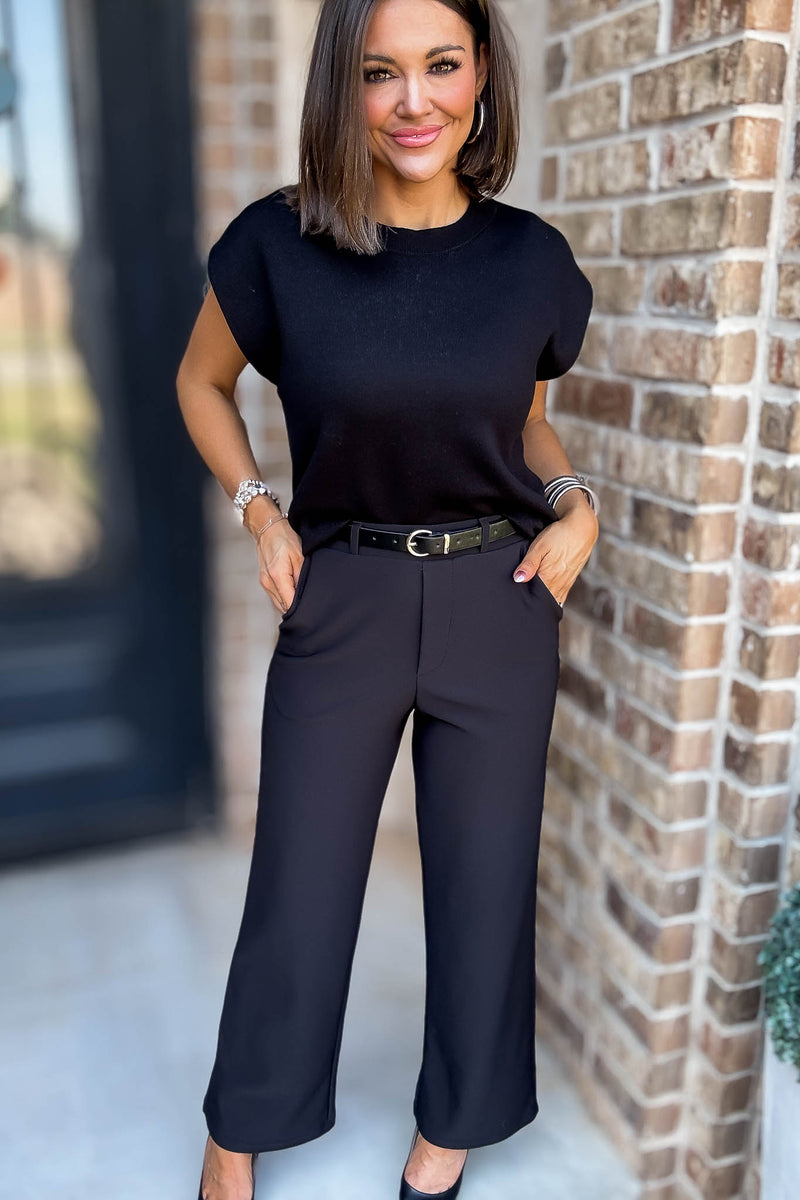 Black High Rise Wide Leg Scuba Knit Belted Pants