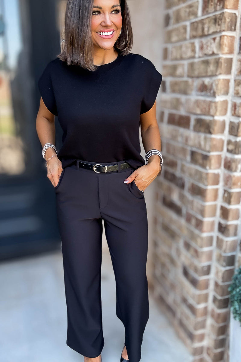 Black High Rise Wide Leg Scuba Knit Belted Pants