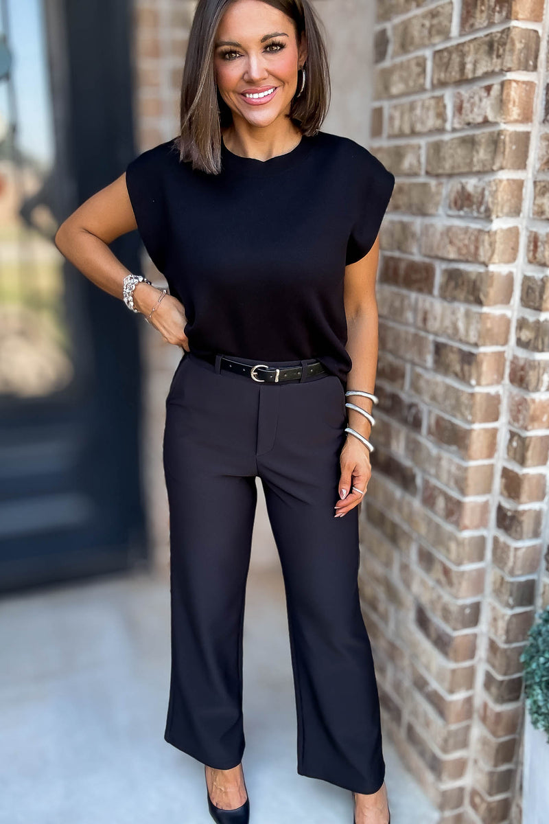 Black High Rise Wide Leg Scuba Knit Belted Pants