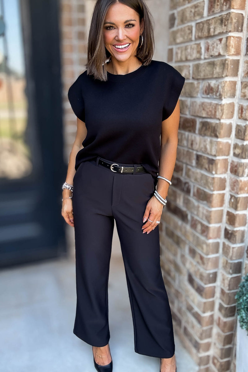 Black High Rise Wide Leg Scuba Knit Belted Pants