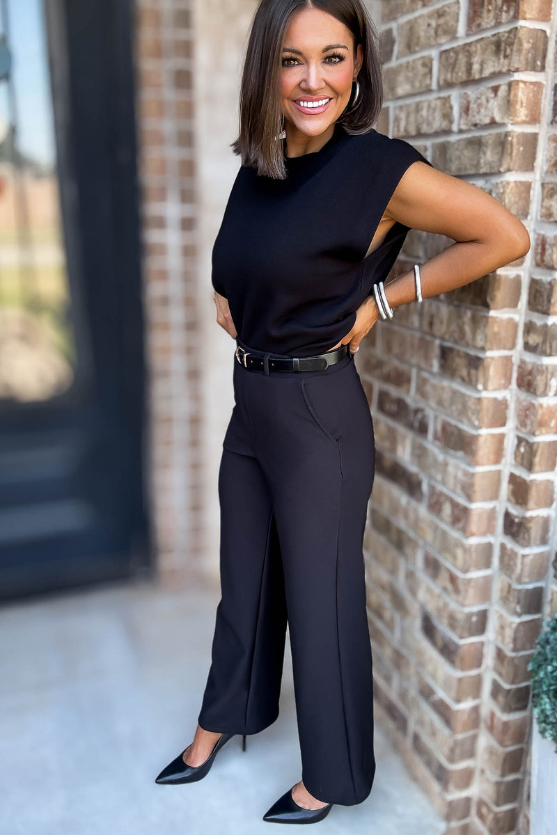 Black High Rise Wide Leg Scuba Knit Belted Pants