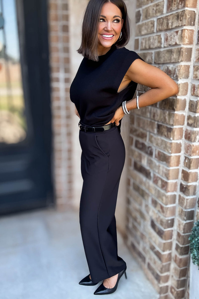 Black High Rise Wide Leg Scuba Knit Belted Pants