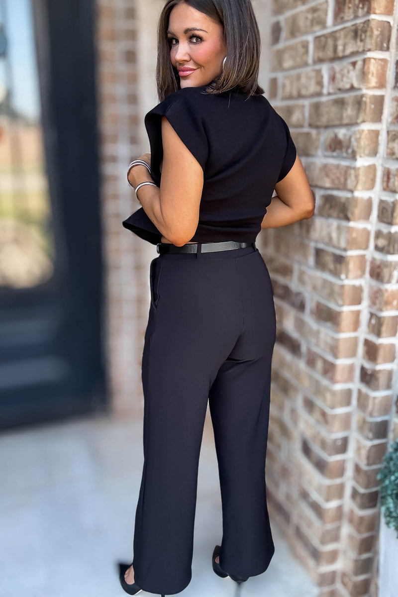 Black High Rise Wide Leg Scuba Knit Belted Pants