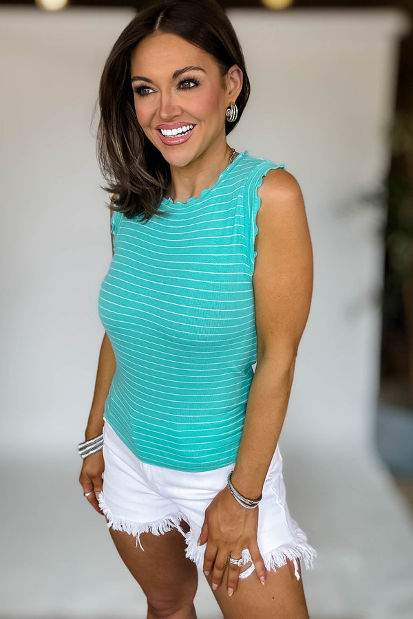Ribbed Mint And White Ruffle Trim Sleeveless Stripe Top