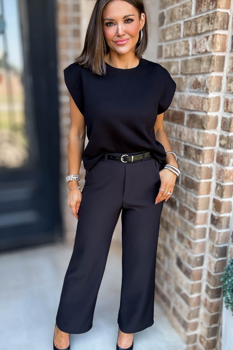 Black High Rise Wide Leg Scuba Knit Belted Pants