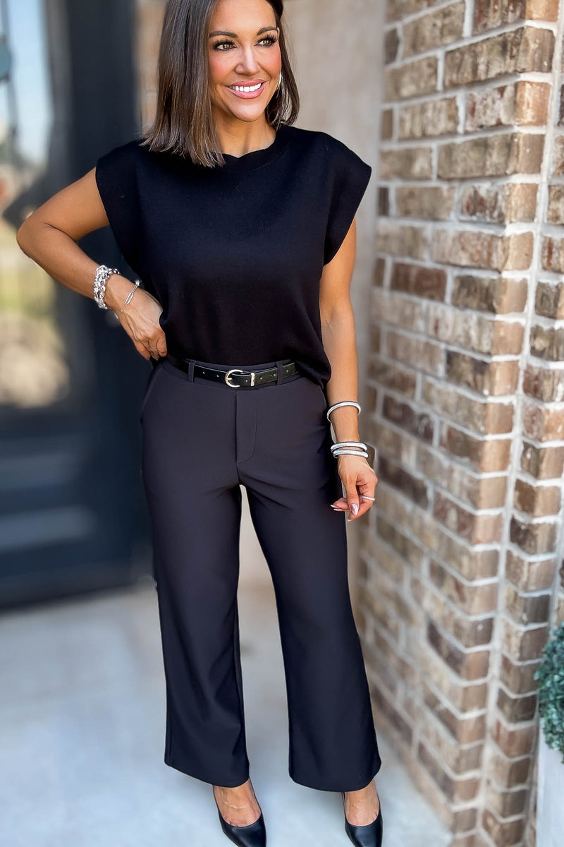 Black High Rise Wide Leg Scuba Knit Belted Pants