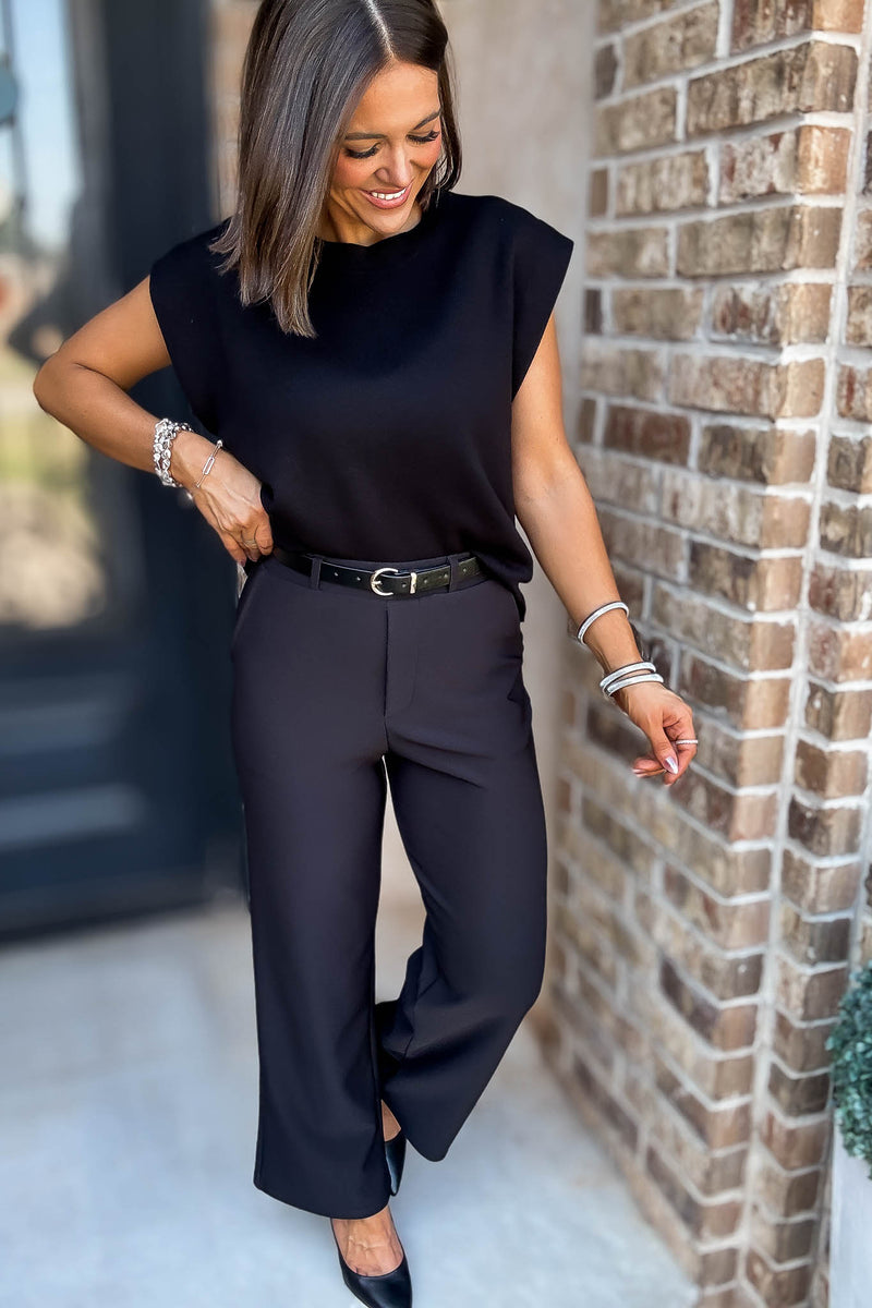 Black High Rise Wide Leg Scuba Knit Belted Pants