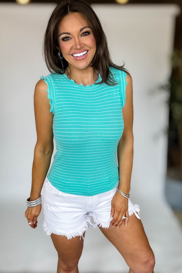 Ribbed Mint And White Ruffle Trim Sleeveless Stripe Top