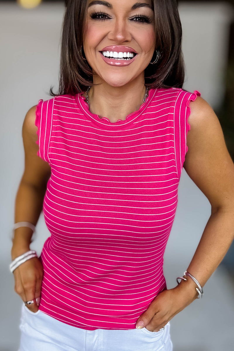 Ribbed Hot Pink And White Ruffle Trim Sleeveless Stripe Top