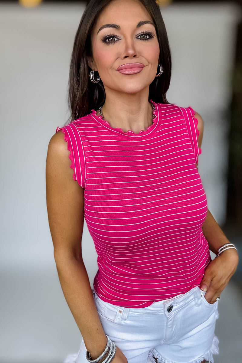 Ribbed Hot Pink And White Ruffle Trim Sleeveless Stripe Top