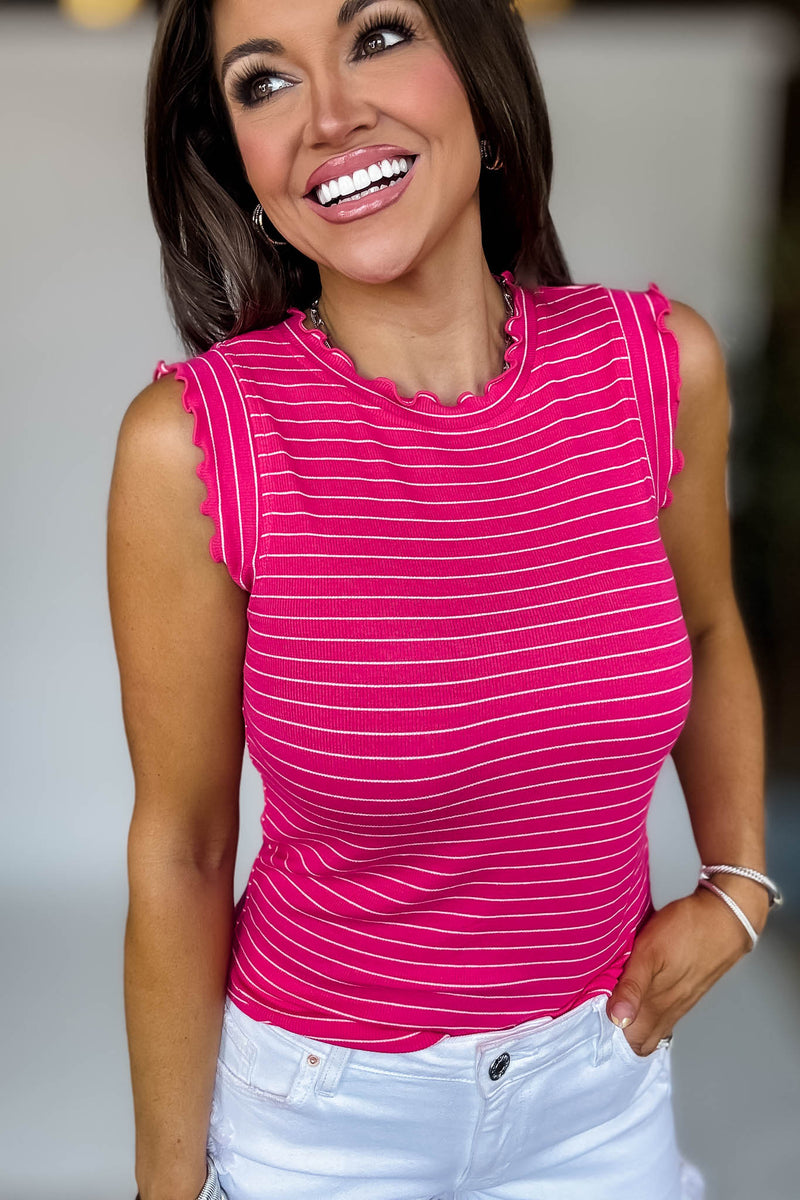Ribbed Hot Pink And White Ruffle Trim Sleeveless Stripe Top