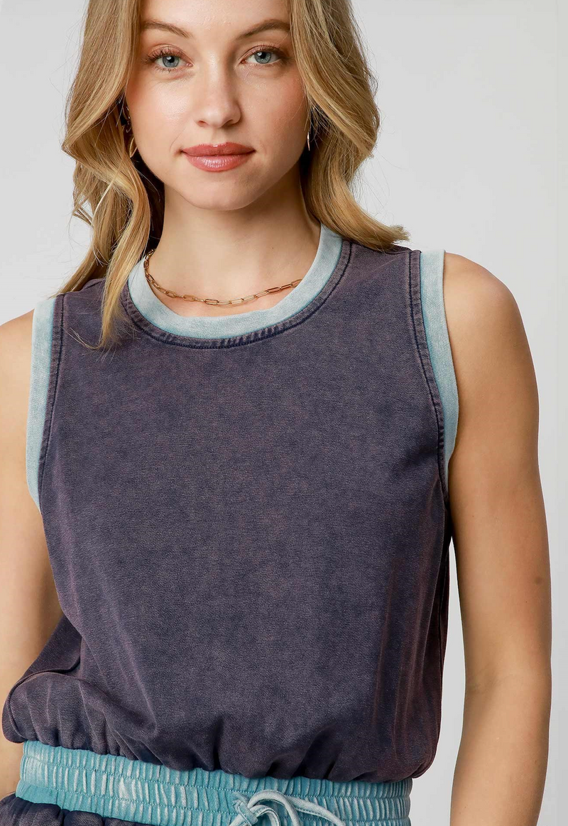 Navy Mineral Wash Sleeveless Romper