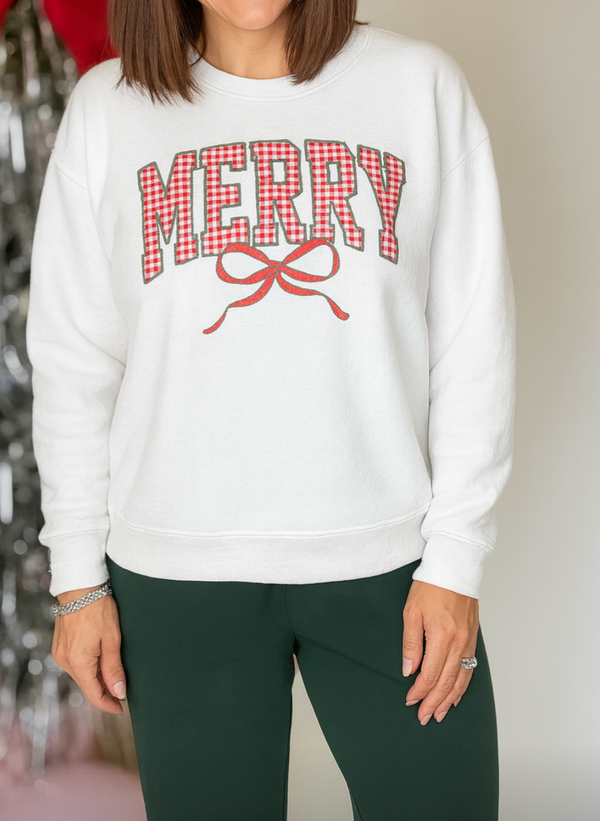 Plaid Merry Christmas Bow Graphic Sweatshirt