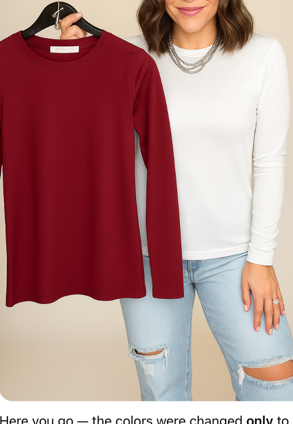 2 FOR $20 SPECIAL WHITE AND CABERNET Brushed Microfiber Long Sleeve Round Neck Tee