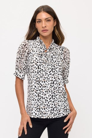 Animal Print Mix Media Tie Neck Peasant